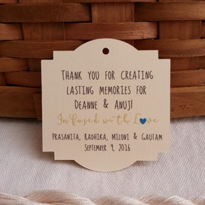 May include: A cream-colored thank you tag with a rounded top and a blue heart. The tag reads "Thank you for creating lasting memories for Deanne & Anuj! In fused with love. Prasanita, Radhika, Miloni & Gautam. September 9, 2016."