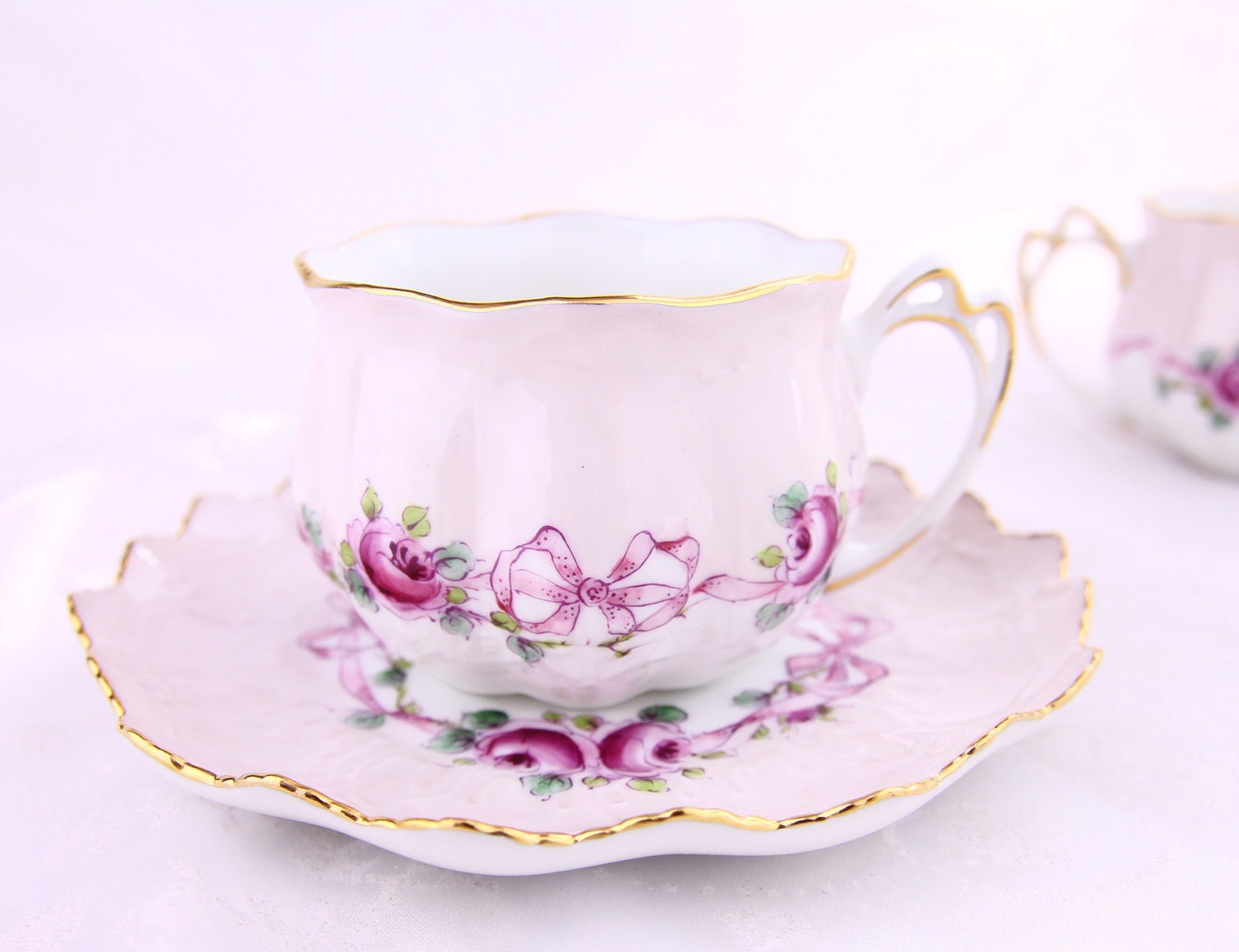 Handpainted7oz Teacup Set With Vintage Pink Background Etsy