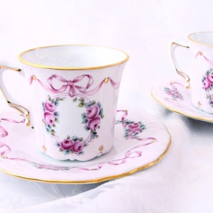 4piace,2set Hand-Painted Porcelain Teacup Set: Vintage Rose & Ribbon Design