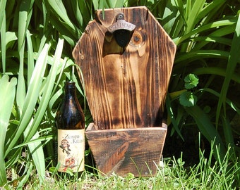 Coffin Shaped, Black wood, Vintage looking Bottle Opener, With Catch for Bars, kitchen, man cave, cabins, Halloween