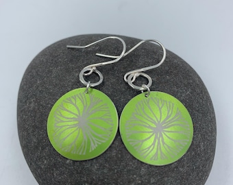 Lime green circle aluminium earrings with tree design and silver ring