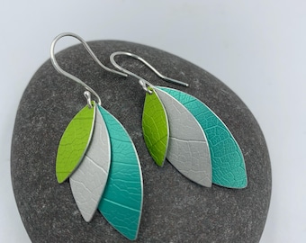 3 layered parrot wing earrings in teal and lime green