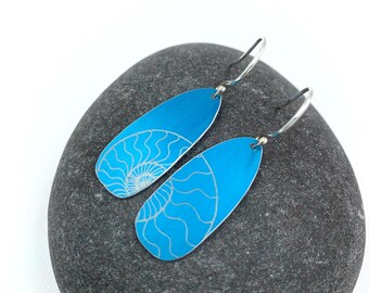 Turquoise aluminium ammonite drop earrings