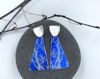 Blue aluminium and silver Winter Tree earrings
