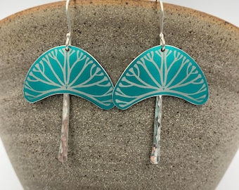Teal aluminium and silver tree earrings