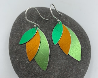 3 layered parrot wing earrings in green and orange