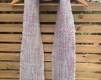 Handwoven cream, pink, green, blue and purple wool scarf