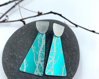 Turquoise aluminium and silver Winter Tree earrings