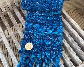 Handspun and woven shades of blue and turquoise art scarf
