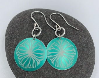 Teal circle aluminium earrings with tree design and silver ring