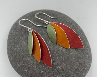 3 layered aluminium parrot wing earrings in red, orange and yellow