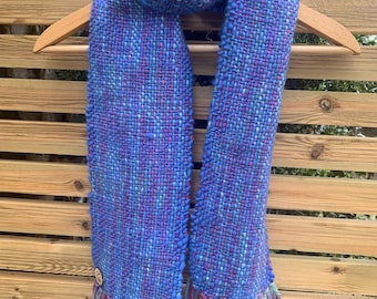 Handwoven pink, green, blue and purple wool scarf