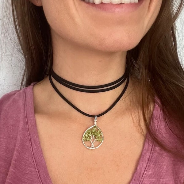 Tree of Life Choker, Peridot Tree of Life Choker, Crystal Choker, Green Choker, Silver Choker, Peridot Jewelry, Vegan Leather, Peridot