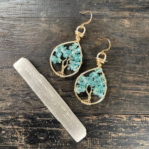 Apatite Tree of Life Earrings, Tree of Life, Apatite Crystal Earrings, Gold Boho Earrings, Apatite Jewelry, Made to Order