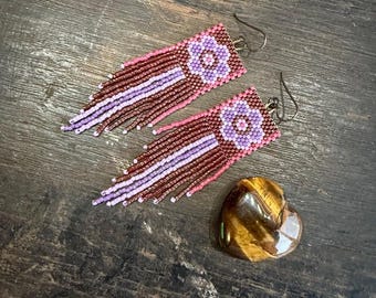 AURORA Brown Flower Earrings | Handmade | Delica | Seed Bead