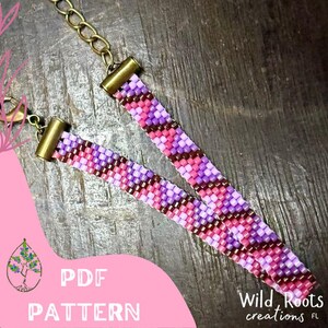 May include: Two beaded bracelets with a pink, purple, and brown chevron pattern. The bracelets have gold-colored metal clasps and chains. The image also includes the text "PDF PATTERN" and "Wild Roots creations FL".