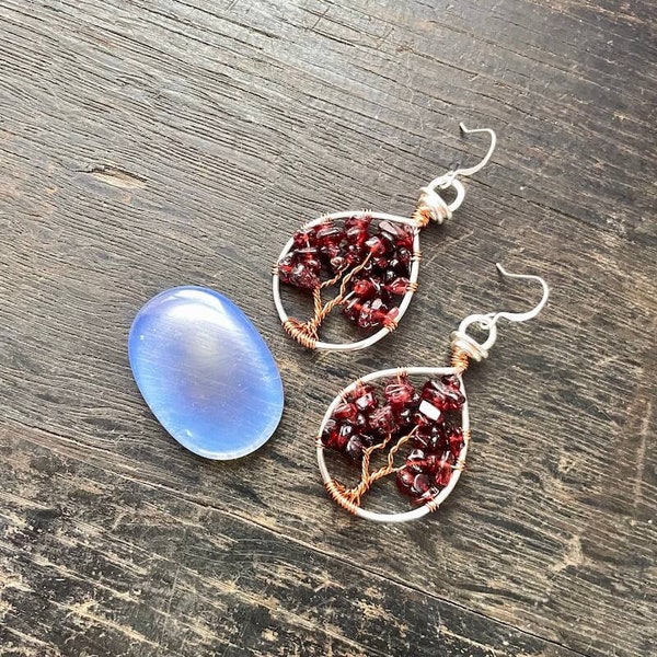 Tree of Life Earrings, Garnet Earrings, Healing Stones, Wire Wrap, Handmade, January Birthstone, Silver and Copper, Ready to Ship