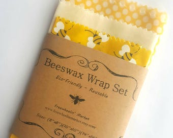 Beeswax Wrap Set - Set of 3 - Yellow - Reusable Beeswax Food Wraps Natural Living Accessories - Eco friendly kitchen - lunch storage