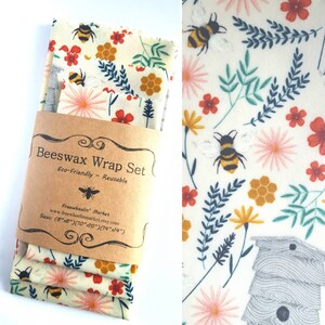 Beeswax Wrap Set - Set of 3 - Floral Bees with Hive - Reusable Beeswax Food Wraps - plastic free living - Eco friendly kitchen