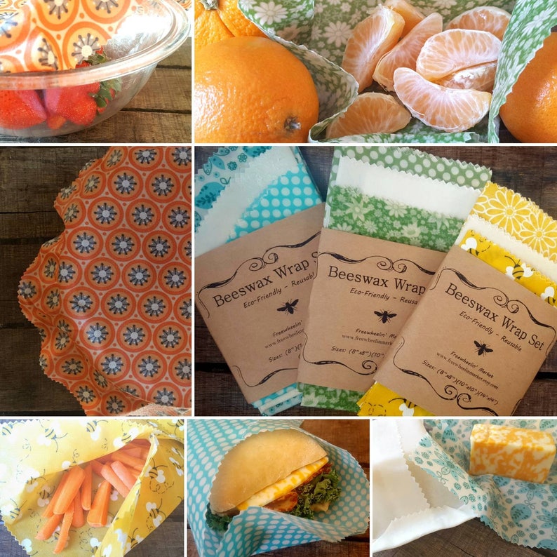 Bees Yellow Flowers Natural Living Accessories Reusable Beeswax Food Wraps and Polka Dots Set of 3 Beeswax Wrap Set