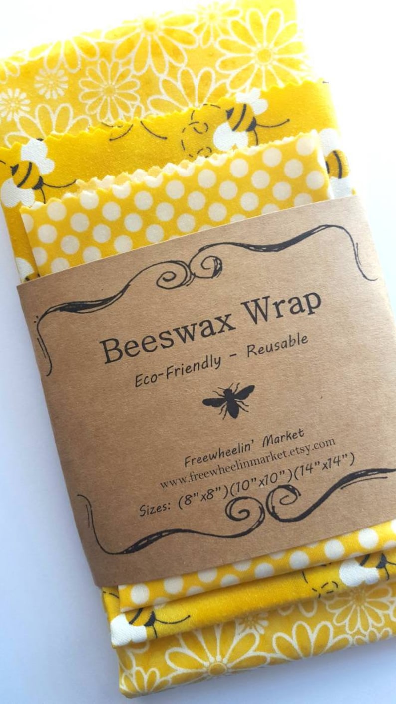 Bees Yellow Flowers Natural Living Accessories Reusable Beeswax Food Wraps and Polka Dots Set of 3 Beeswax Wrap Set
