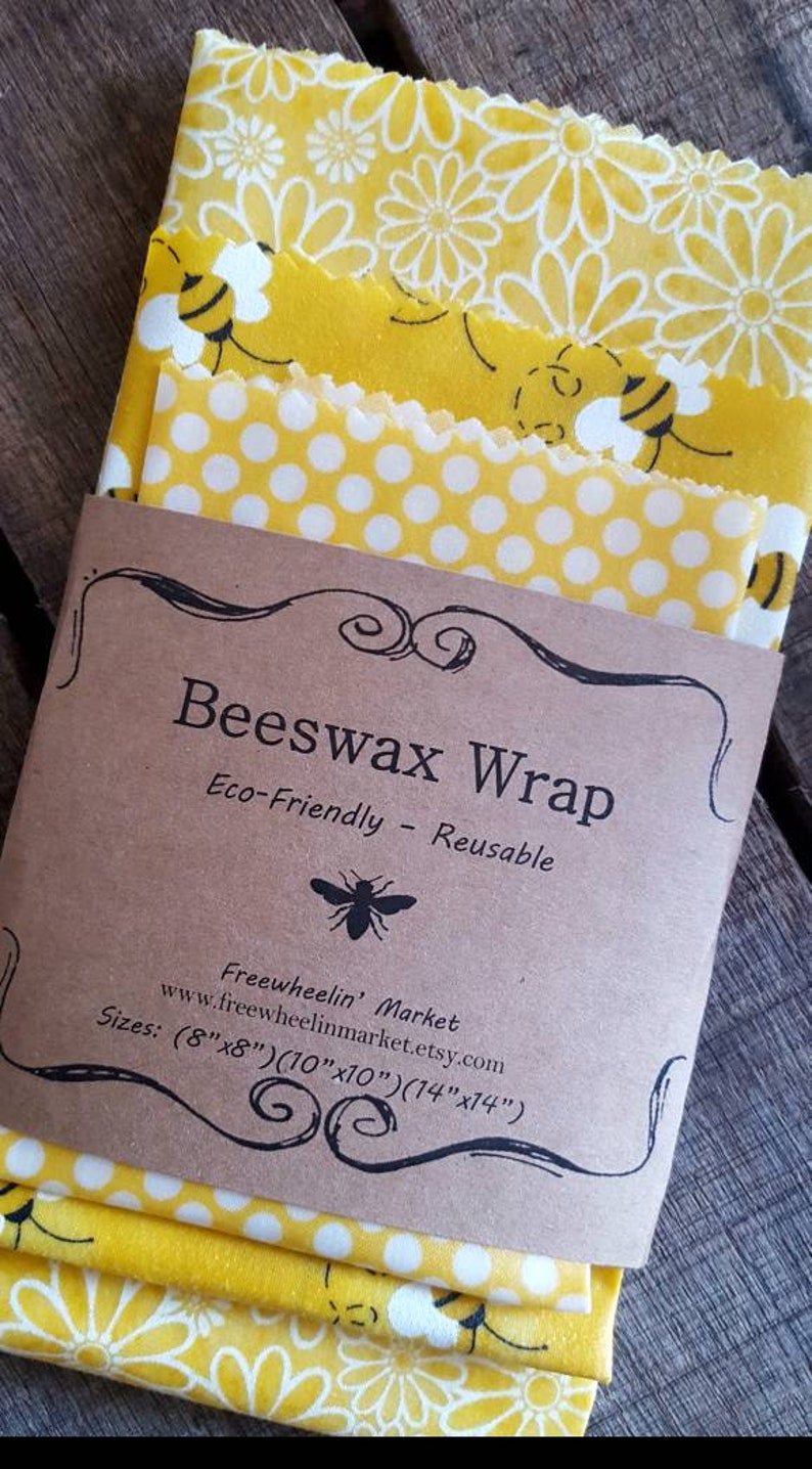 Bees Yellow Flowers Natural Living Accessories Reusable Beeswax Food Wraps and Polka Dots Set of 3 Beeswax Wrap Set
