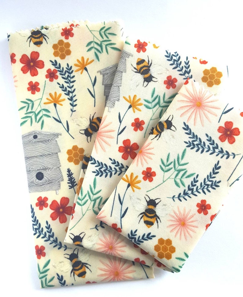 Beeswax Wrap Set Set of 3 Floral Bees with Hive Reusable Etsy