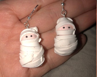 Handmade Mummy Dangle Earrings: Halloween Polymer Clay Jewelry