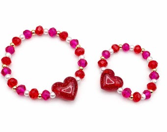 Mommy and Me Heart Bracelets, Red Crystal Beaded Matching Set