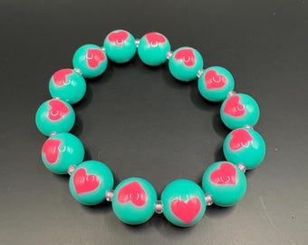 Turquoise & Pink Heart Bead Bracelet: Stretchy Acrylic Jewelry