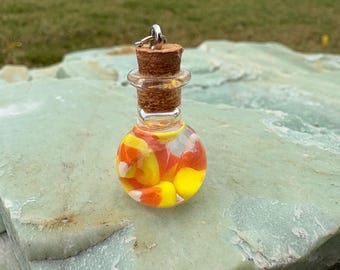Candy Corn Bottle Necklace: Halloween Floating Charm, Fall Jewelry