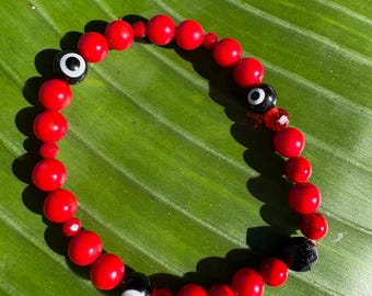 Red Howlite Evil Eye Bracelet: Coral, Tourmaline, Garnet, Protective Jewelry