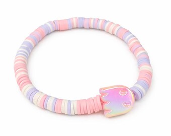 Retro Arcade Ghost Bracelet • Pink Clay Heishi Bead Bracelet