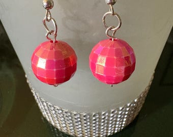 Pink Disco Ball Dangle Earrings: Hypoallergenic, Handmade