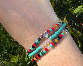 Turquoise Beaded Stackable Bracelets: Tibetan Silver Heart, Boho Style