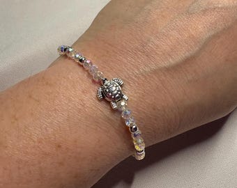 Silver Sea Turtle Bracelet: Faceted Clear Quartz Crystal, 6.5 Inch