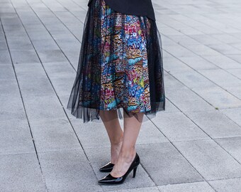 Black tulle skirt with an elastic waistband and printed lining skirt | Suitable to office | Made to order