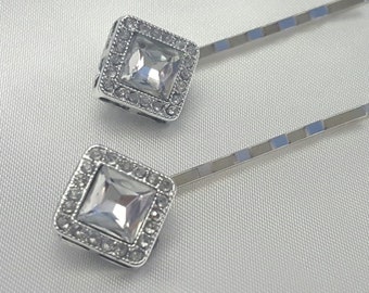 BOXED - Set of 2 Square Clear Crystal with Diamonds Unique Hair Pins