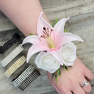BOXED Real Touch Light Pink White Stargazer Tiger Lily, Real Touch White Roses, Leaf Accent Rhinestone Wrist Corsage - MATCHING Boutonnieres