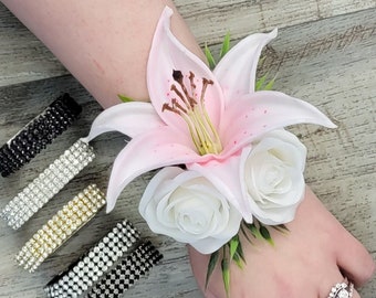 BOXED Real Touch Light Pink Tiger Lily & Roses - Rhinestone Corsage - MATCHING Items Available