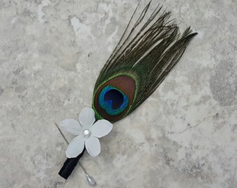 BOXED Peacock Feather, White Stephanotis Flower Diamond Center Boutonniere - MATCHING Corsages / Hair Pin