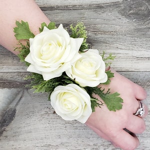 BOXED Real Touch Roses, Garden Greenery LACE Wrist Corsage - MATCHING Boutonnieres / Hair Pins