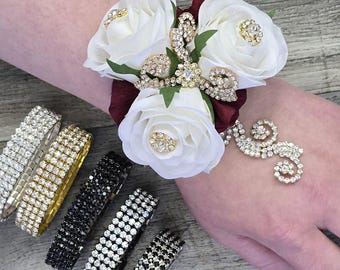 BOXED Real Touch Roses, Hydrangea, Gold Diamond Accents - Rhinestone Corsage - MATCHING Items Available