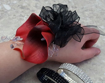 BOXED Real Touch Black Red Calla Lily, Crystals, Bow, Rhinestone Corsage - MATCHING Items Available