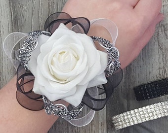 BOXED Real Touch White Rose, Black Silver Trim, Ribbons - Rhinestone Corsage - MATCHING Items Available