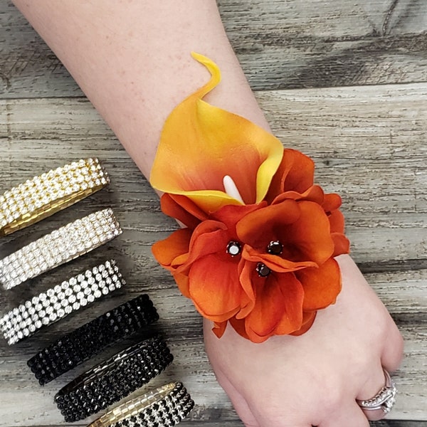 BOXED Real Touch Autumn Picasso Calla Lily, Deep Orange Velvet Hydrangea Black Diamond Centers Rhinestone Corsage