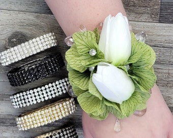 BOXED Real Touch White Tulip, Hydrangea, Diamonds, Crystals - Rhinestone Corsage - MATCHING Items Available