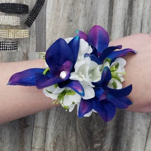 BOXED Real Touch Blue Galaxy Dendrobium Orchid, White Stephanotis Pearl Centers Rhinestone Wrist Corsage - MATCHING Hair Accessory Available