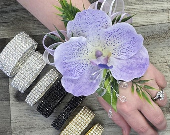 BOXED Real Touch Purple White Vanda Orchid, Crystals, Ribbon - Rhinestone Corsage - MATCHING Items Available