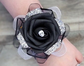 BOXED Soft Touch Black Rose with Skull Center, Rhinestone Trim & Sheer Ribbons - LACE Wrist Corsage - MATCHING Boutonnieres